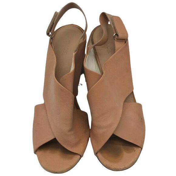 Vince Crisscross Strap Leather and Wood Heeled Sandals 9 Neutral Peep Toe Chunk - Picture 5 of 9